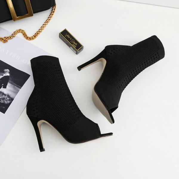 

boots ankle for women knitting peep toe high heels female shoes woman breathable short boot casual ladies footwear sock, Black
