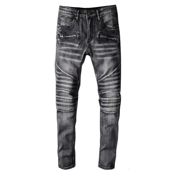 

2021 new men's male fashion trousers european street trend autumn winter smoky gray stitching jeans stretch slim-fit motorcycle pants s, Blue