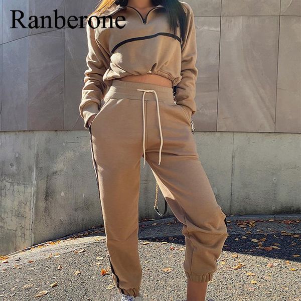 

ranberone women two piece set outfits autumn tracksuit long-sleeved sweat + trousers stripes casual sport suit female 2021, White;red