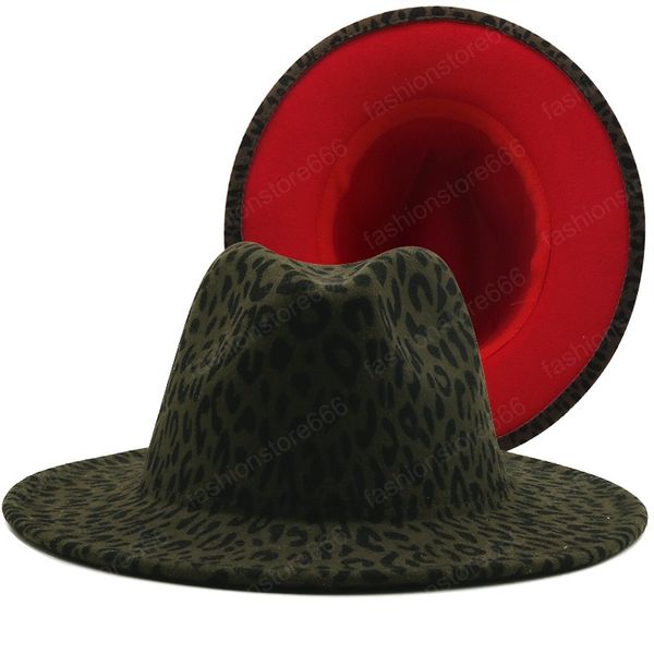 Breite Krempe Army Green Leopard Red Bottom Fedora Damen Wollfilzhut Damen Herren Party Trilby Jazz Kirchenhüte Patchwork Panama Cap