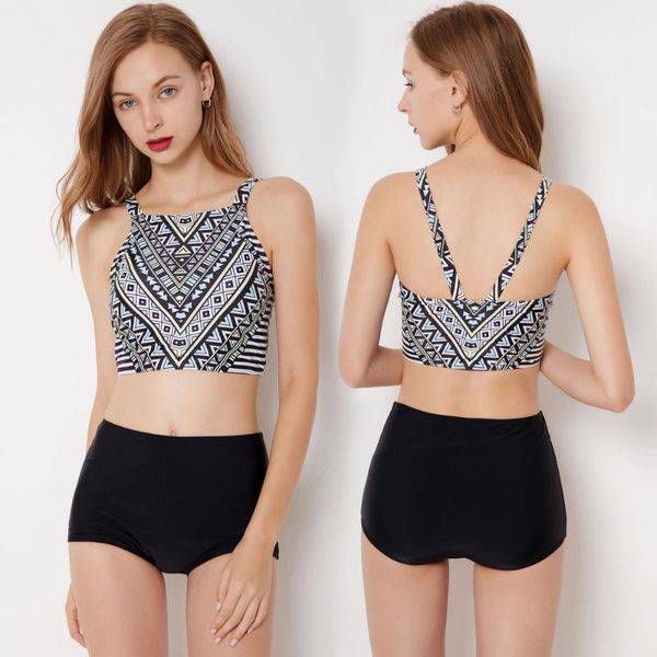 

one-piece suits women vintage high waisted two piece set swim suit bathing bikini padded for youth neck & boyshorts