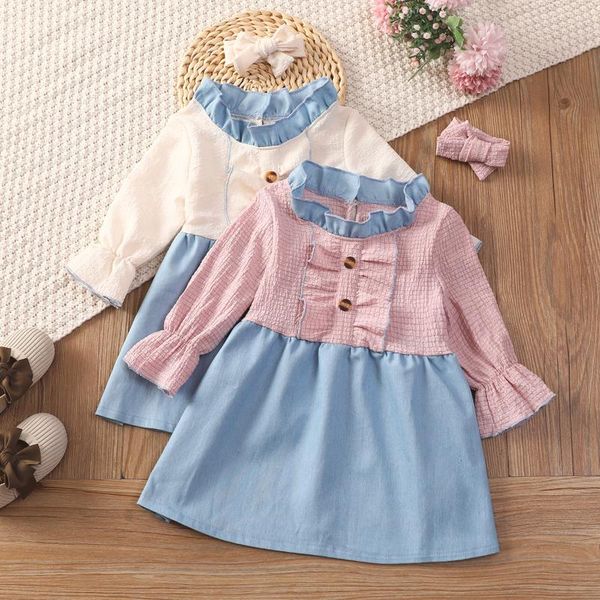 Vestidos de menina primavera plissagem bebé vestido vestido vestidos botão denim conjunto flare manga princesa bebê roupas infantis