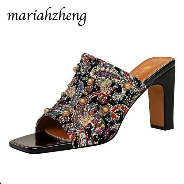 

slippers meriahzheng 8.5cm thick high-heeled cloth floral metal rivets women's shoes rhinestone square head fish mouth women ds, Black