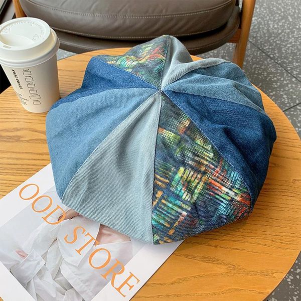 

berets winter women's fashion beret cap girl's vintage artist painter hat autumn patchwork denim adjustable cloud, Blue;gray