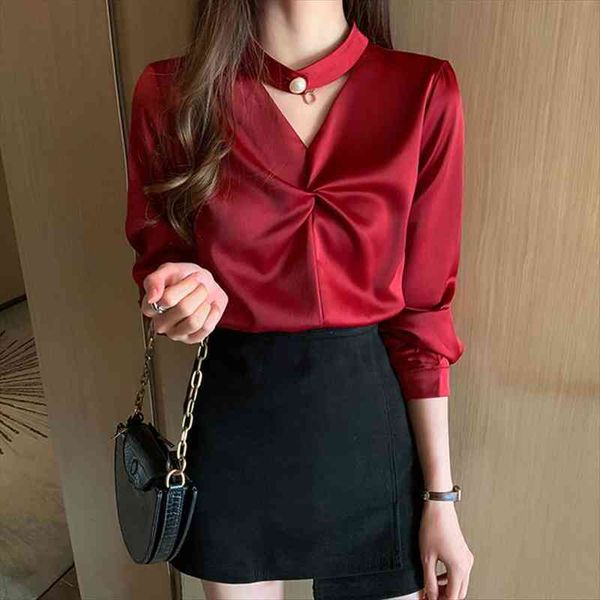 

autumn korean fashion silk women blouses satin solid womens and blouses loose pink long sleeve women shirts, White