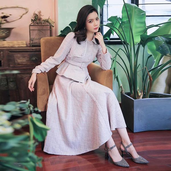 

two piece dress 2021 fashion women's clothing winter plaid suit 2 set women, White