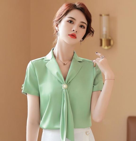 2021 Summer Short Sleeve Light Green Shirt Women Fashion Design Streamer Satin Chiffon Blouses 