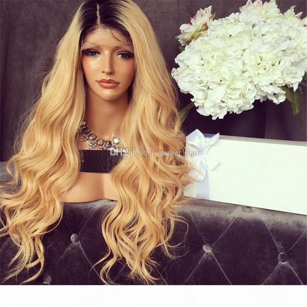

150 density ombre honey blonde color 1b 27 thick glueless full lace human hair wigs brazilian body wavy lace front wig, Black;brown