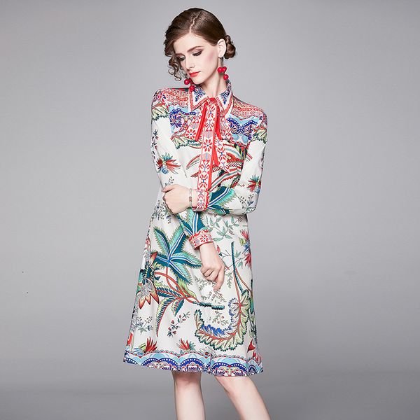 

2021 new vintage shirt overlay flower print women single-breasted wrist sleeve fit and flare slim swing bow belt elegant midi whny, Black;gray