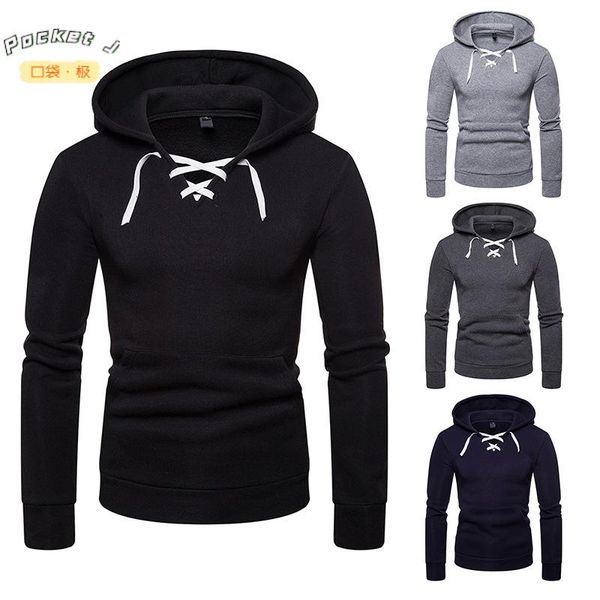 

men's hoodies & sweatshirts [pocket j] autumn and winter hooded sweatshirt pullover chest tie design v-shaped lapel with sports hoodie, Black