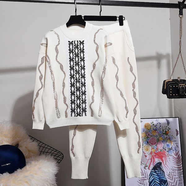 

autumn winter tracksuits knit suit sequins embroidery sweater + long pants women outfits white black knitted tracksuit two piece set, Gray