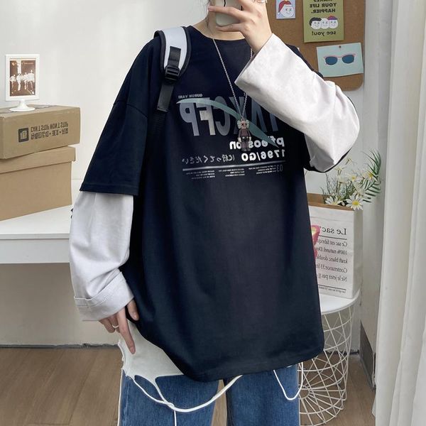 

men's t-shirts autumn spring fashion oversiz fake two pieces tshirt long sleeve casual o neck t-shirt for man tees, White;black