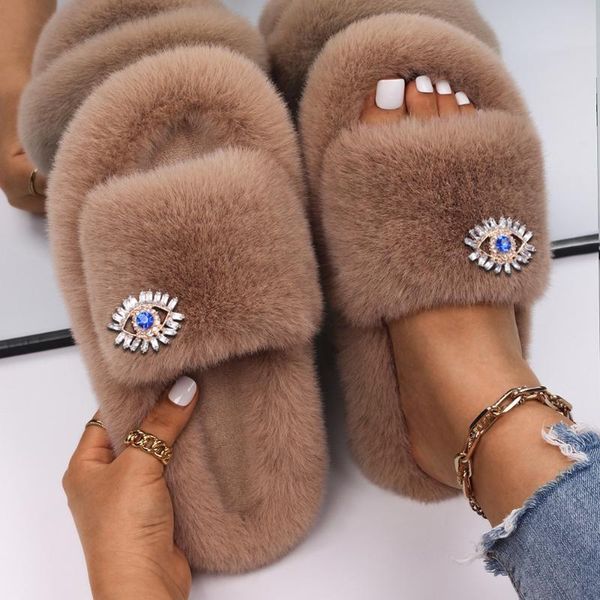 

slippers plush faux fur luxury rhinestone furry black slides sandals flip flops winter designer shoes for women2021