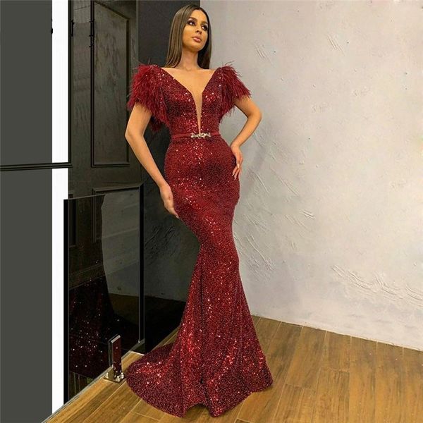 

feather burgundy beads evening dresses short sleeves 2020 couture arabic v neck mermaid party gowns long prom dress celebrity dresses, Black;red