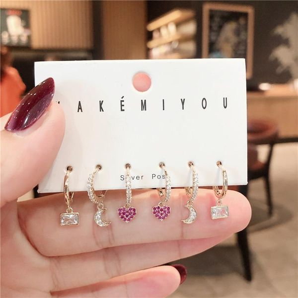 

stud fashion shiny crystal zircon heart hoop huggie earrings sets for women gold color 6-piece set love simple round earring jewelry, Golden;silver