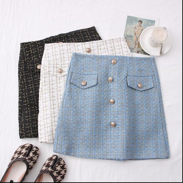 

tweed skirts for women solid high waist slimming skirts autumn spring 2021 buttons double breasted tweed wool mini skirt, Black