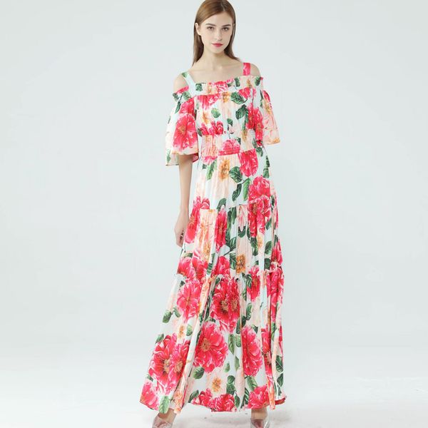 

women's runway dresses spaghetti straps slash neckline floral printed tiered ruffles elegant long maxi dresses, Black
