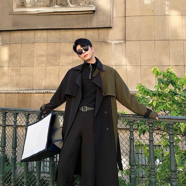 

men's color block patchwork mid length windbreaker with sashes loose casual streetwear long trench coat, Tan;black