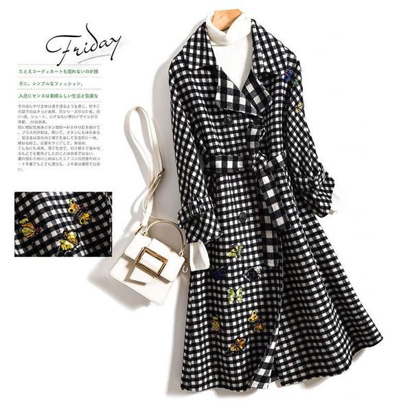 

women's wool & blends cashmere coat of fund 2021 autumn winters is thin embroidery 3580 grid cloth, Black