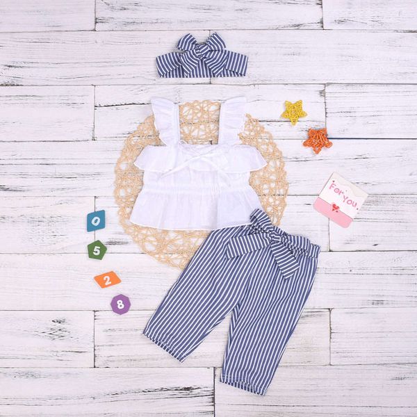 

summer lace suspender bra girls' striped pants three piece children's fashion, White