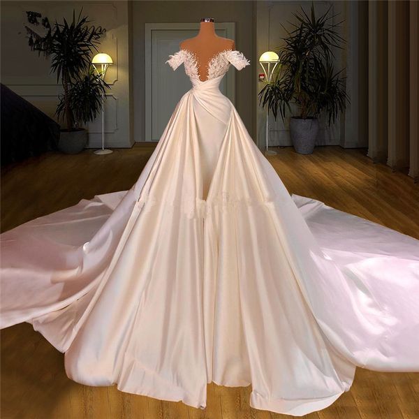 

luxury dubai wedding dresses with crystal beads feather princess mermaid ruched satin bridal gowns custom made vestido de noiva, White