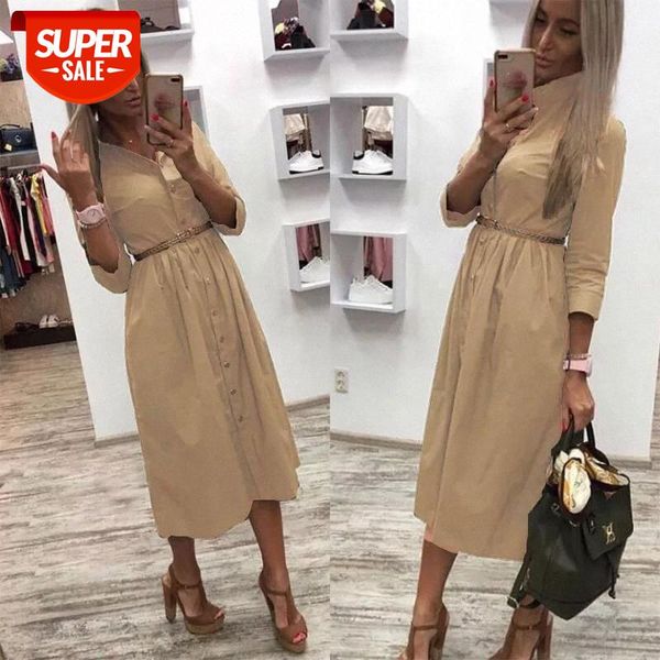 

women casual sashes a line party dress ladies button turn down collar ol style shirt dress 2019 summer solid knee #sb7g, Black;gray