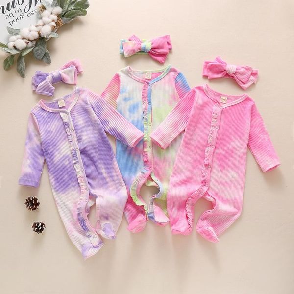 

jumpsuits born clothes baby girls romper tie dye print cotton long sleeve jumpsuit and headband infant 2pcs clothing set for d20, Blue