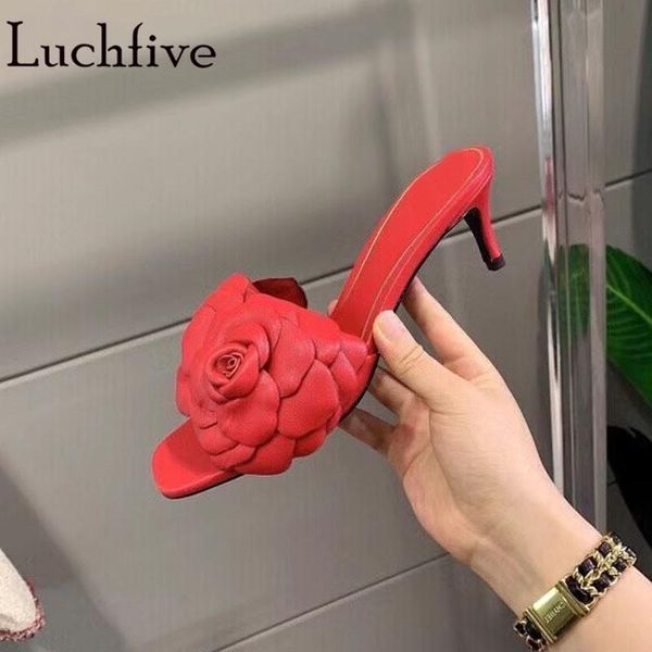 

2021 summer solid petal women's slippers round toe kitten heels flower sandals mules ethnic style wedding party shoes female, Black