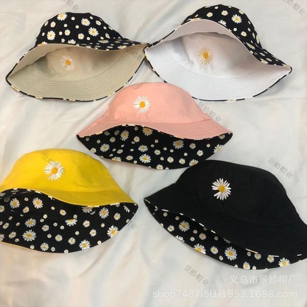 

summer daisy double side bucket hat embroidery flower cotton panama hip hop outdoor sun protection fisherman, Blue;gray