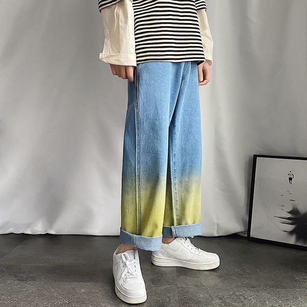 

2021 new men's baggy homme classic style casual cargo pocket wash jeans blue color straight pants loose biker denim trousers 7tsb