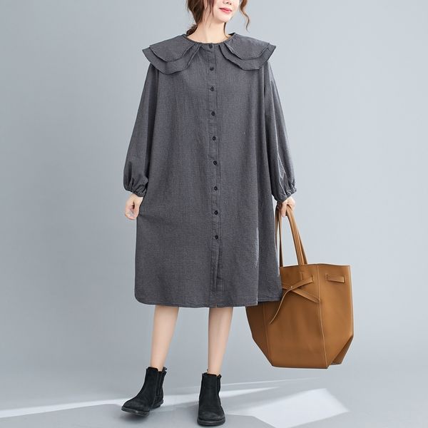 

2021 new solid double peter pan collar all match sweet loose full shirt for women f6ru, Black;gray
