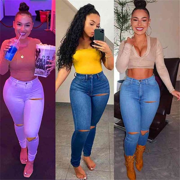 

women casual jeans spring /summer washed distressed holes stretch skinny solid color denim pants ladies pencil 210629, Blue