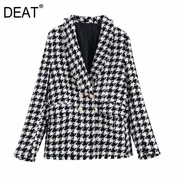 

women's suits & blazers [deat] women temperament long sleeve lattice double breasted v-neck loose blazer spring autumn 2021 fashion tid, White;black