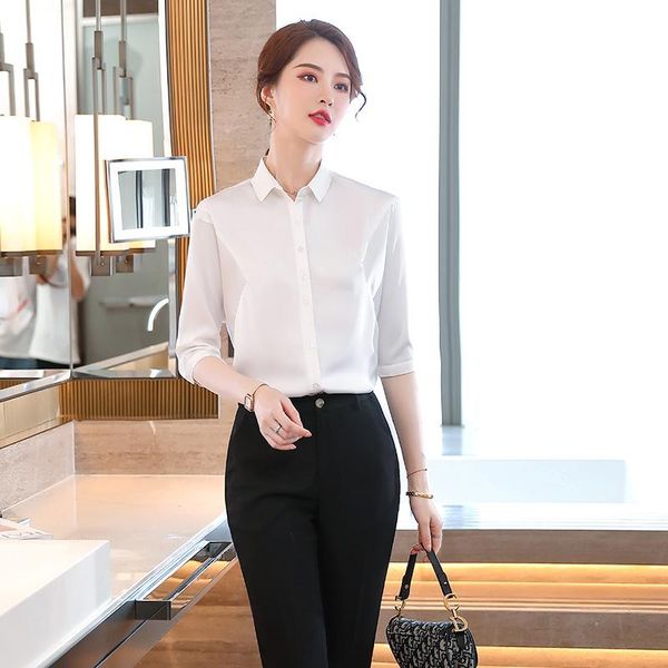 

women's blouses & shirts summer formal women white half sleeve 2 piece pant and sets office ladies work blouse