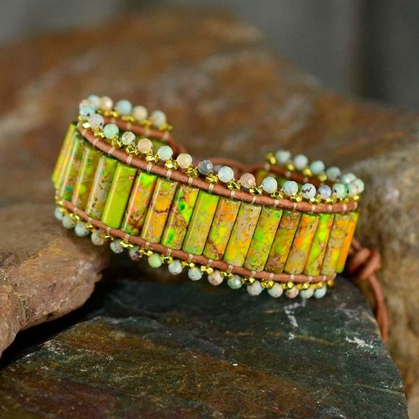

boho jewelry leather wrap bracelets cylindrical stone wristband bracelet for women gift dropshipping, Golden;silver