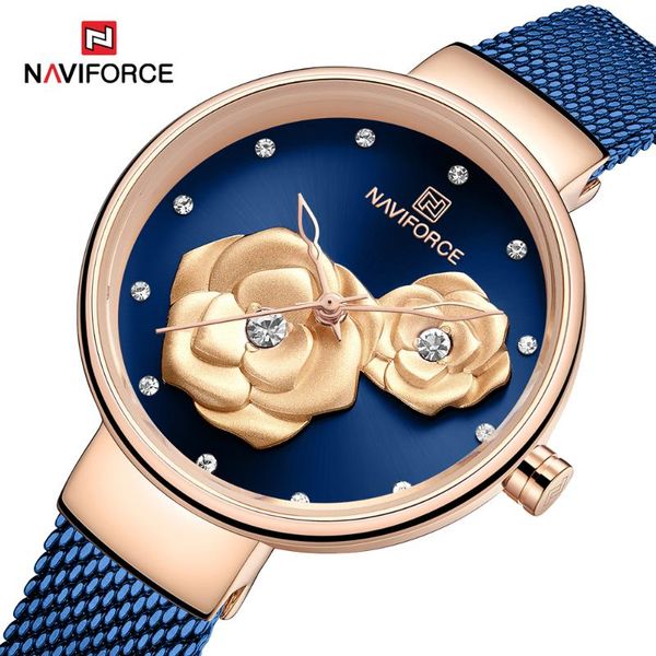 

wristwatches flower dial design naviforce luxury women watch japan quartz movement steel mesh belt ladies watches femme relogio, Slivery;brown