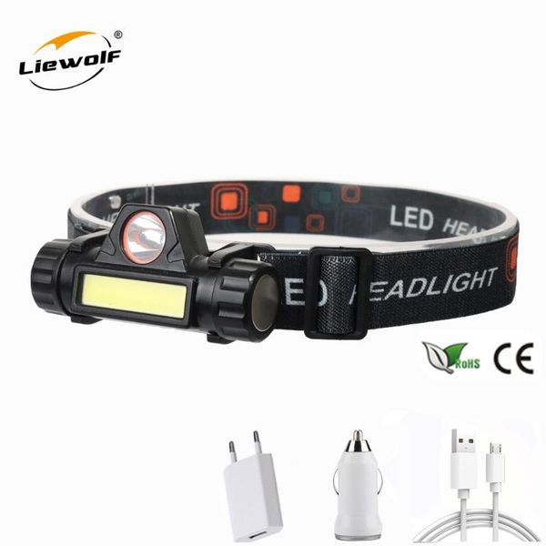 

headlamps portable headlight mini xpe + cob led built-in usb rechargeable 18650 battery outdoor camping hiking running night li