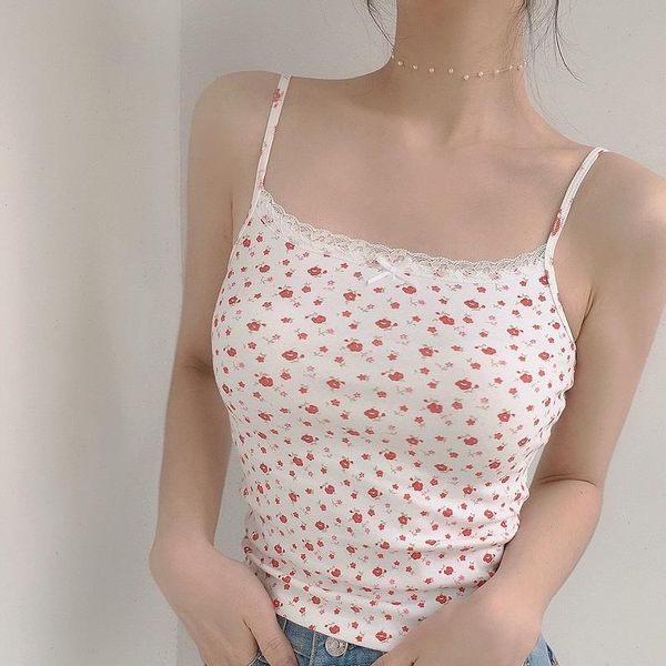 

cotton floral cami crop women 2021 summer for women lace trim cami sweet lolita crop casual ladies basic tees, White