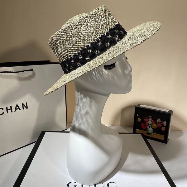 

seaside holiday hat lace ribbon salty grass lady elegant sun protection hat big brim beach hat, Black;white