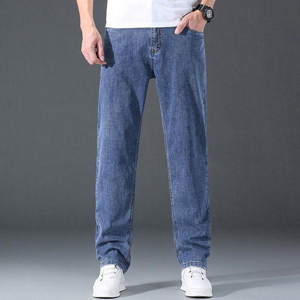 

men's jeans classic style plus size 40 42 44 summer men thin straight gray fashion casual cotton elastic loose denim pants male brand, Blue