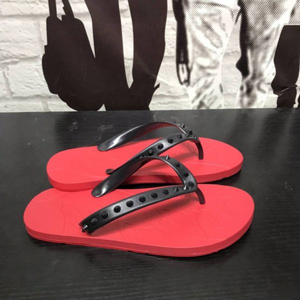 

newst summer men's beach slip on slides red bottom loubi flip flat sandals slippers studs sandals flats luxey designer flip flops sanda, Black