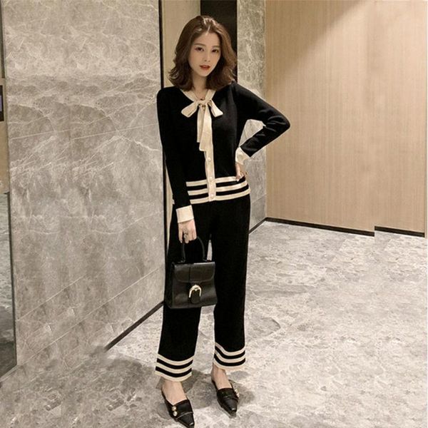

spring new style women's dress foreign style fashion temperament casual bow knitted wide leg pants suit women's two piece set, White