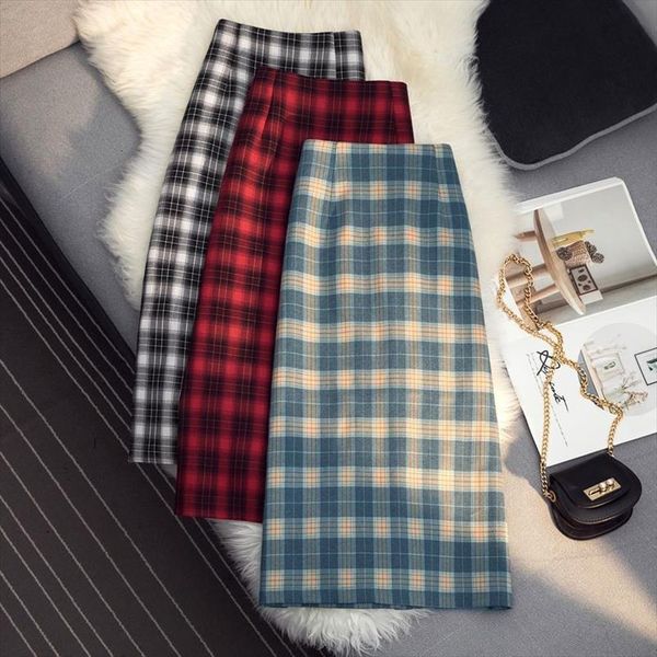 

luck a arrival autumn winter women skirt midi vintage plaid split casual street lady high waist bottoms, Black