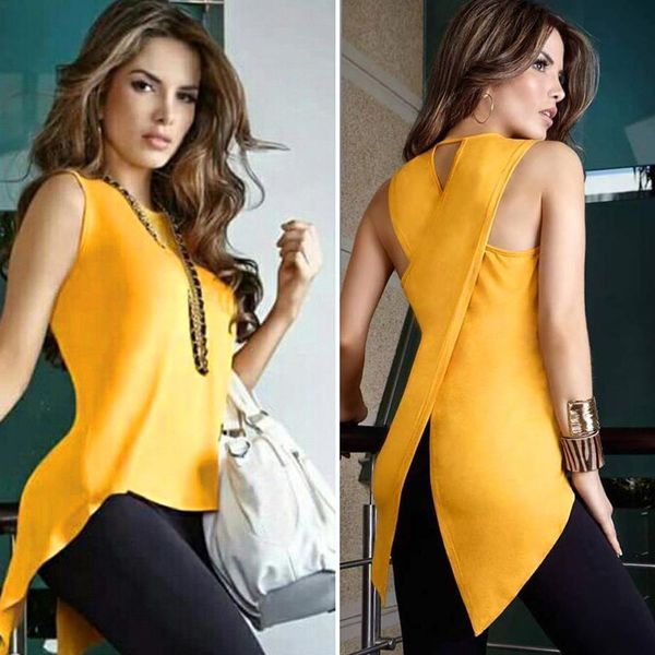 

crew neck sleeveless womens summer blouse casual slim slit irregular plus size shirt solid 3xl chiffon o neck ladies blouses mujer, White