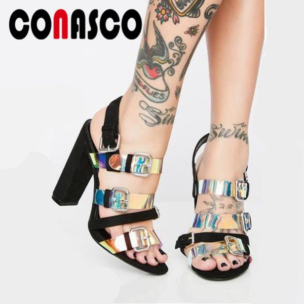 

conasco women fashion pimps brand design sqaure high heels summer sandals prom party shoes woman buckle strap shoes, Black