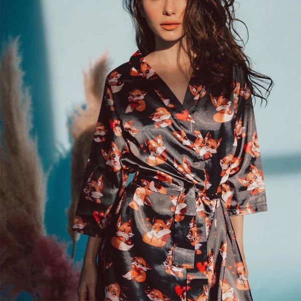 

women's sleepwear silk pyjamas pattern women robes with sashes print three quarter sleeve robe satin v-neck elegant night home wear, Black;red