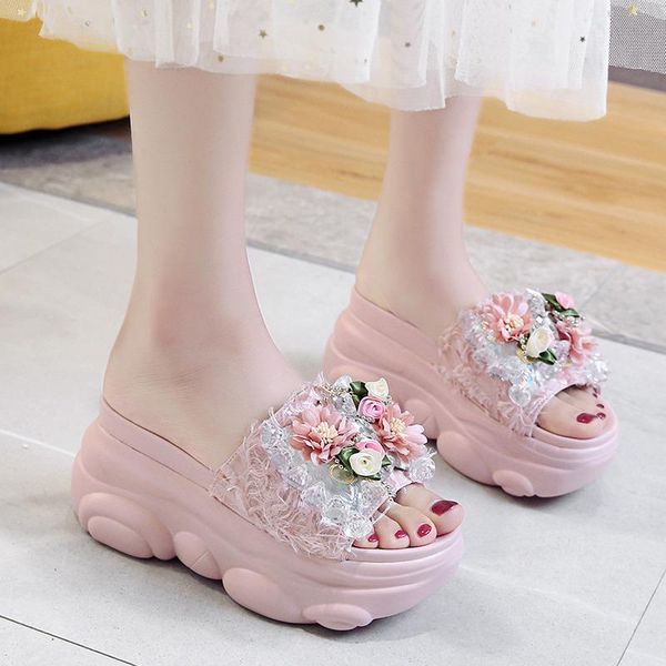 

slippers on a wedge casual flower glitter slides high-heeled shoes lady platform lace slipers women luxury jelly summer flat, Black