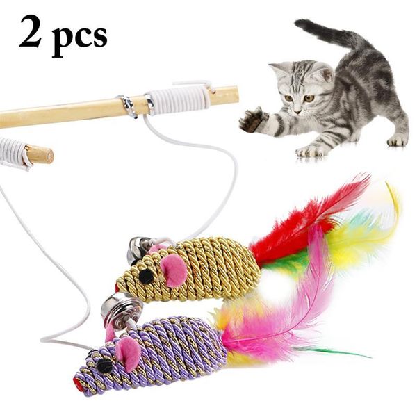 

cat toys 2pcs cute funny faux feather fake mouse teaser wand wooden pet for cats interactive stick supplies