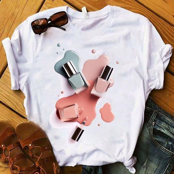 

women nail paint t shirt funny tee summer lady streetwear casual short sleeve round neck graphic tee femme, White