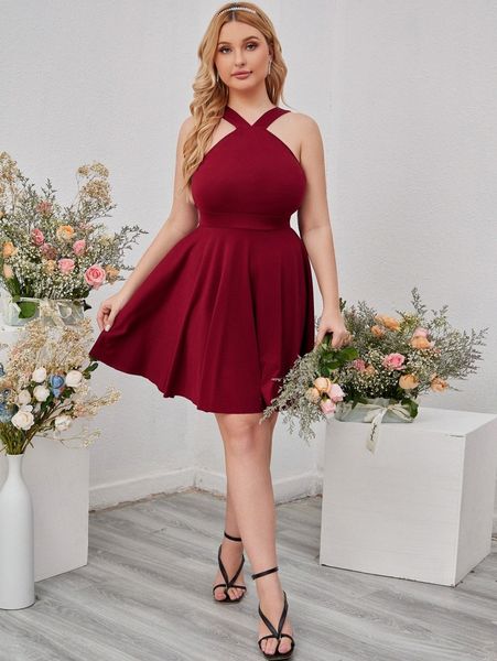 

plus solid flare hem halter dress a8nb#, Black